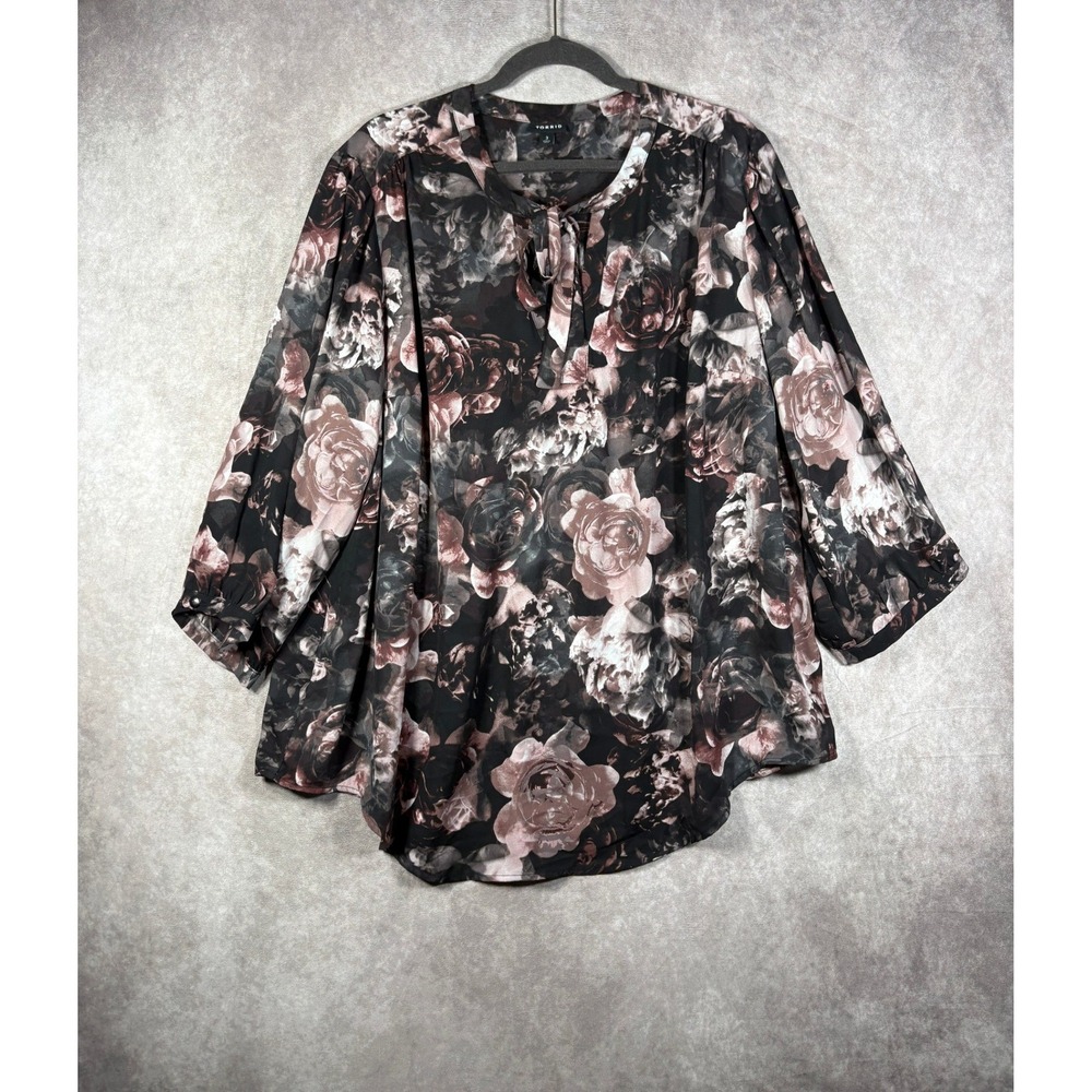 Torrid Blouse Womens 3 3X Black Floral Tie Neck Chiffon 3/4 Sleeve Georgette Top